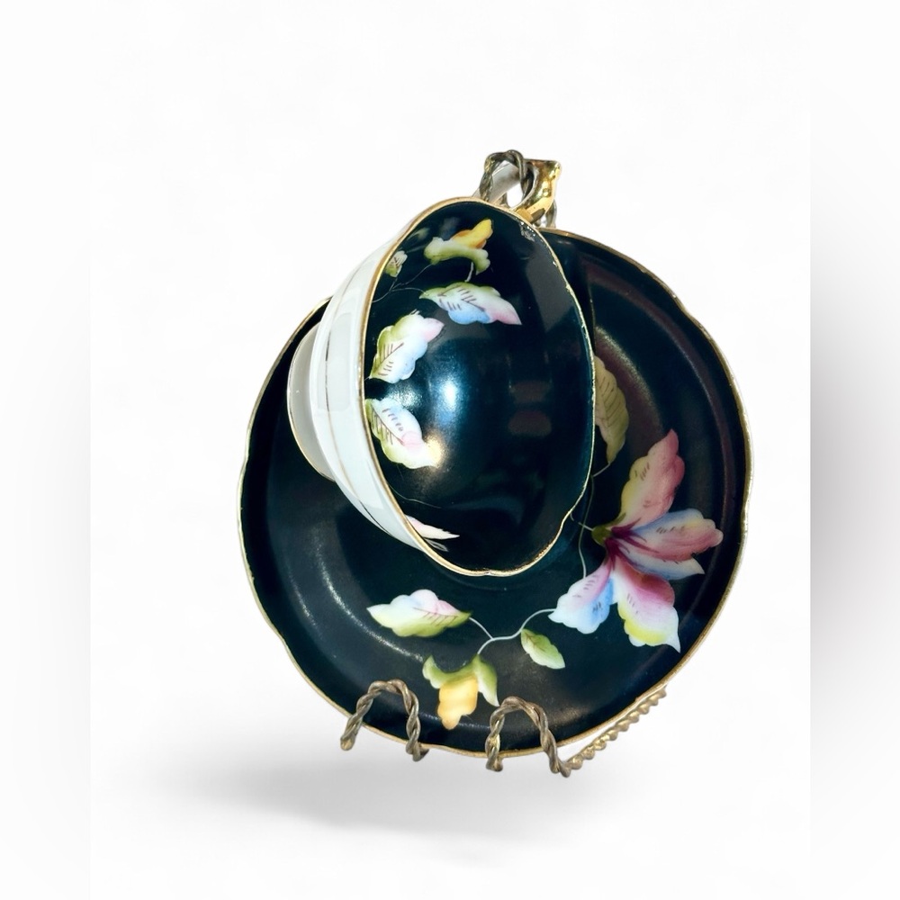 Chugai China, Hand painted Black Floral Tea Cup-Saucer, Occupied Japan 1945-1952